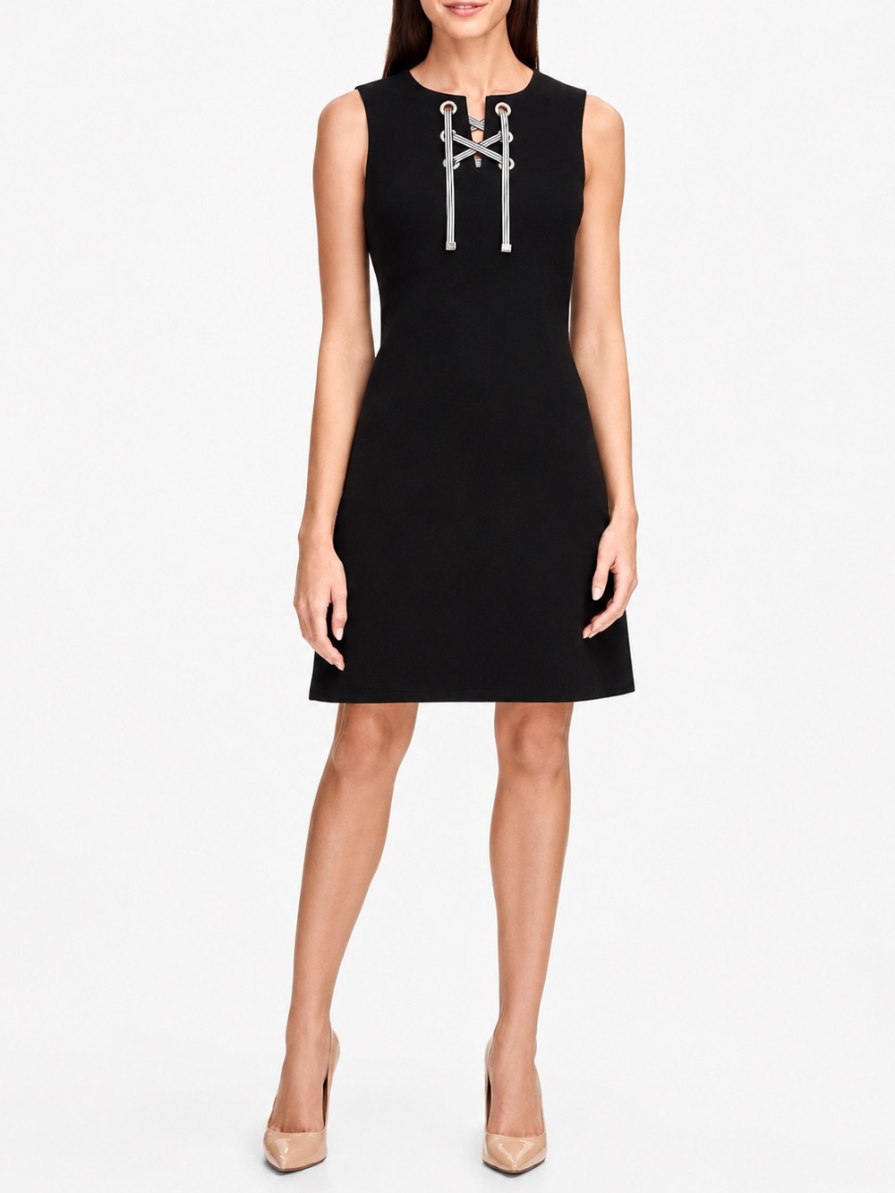 Tommy Hilfiger Black Lace-Up Sheath Dress Size 8 Gold Grommets Stretch Classic